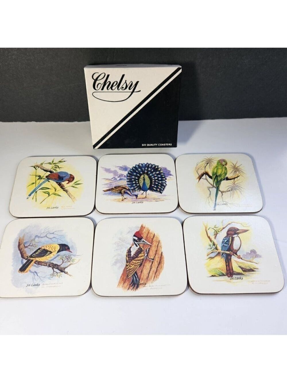 Chelsy Coasters Tropical Birds Sri Lanka Set of 6 W/ Box Acrylic Cork